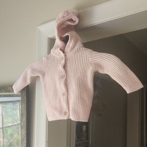 M12  Carter's knit Pink buttoned Baby Hooded Sweater w/ears 100% cotton Sz 3m